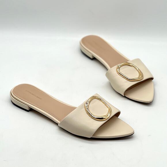 Something Navy Shoes - SOMETHING NAVY Cassie Pointy Toe Flat Slide Sandal Womens 8 Cream Gold Accent